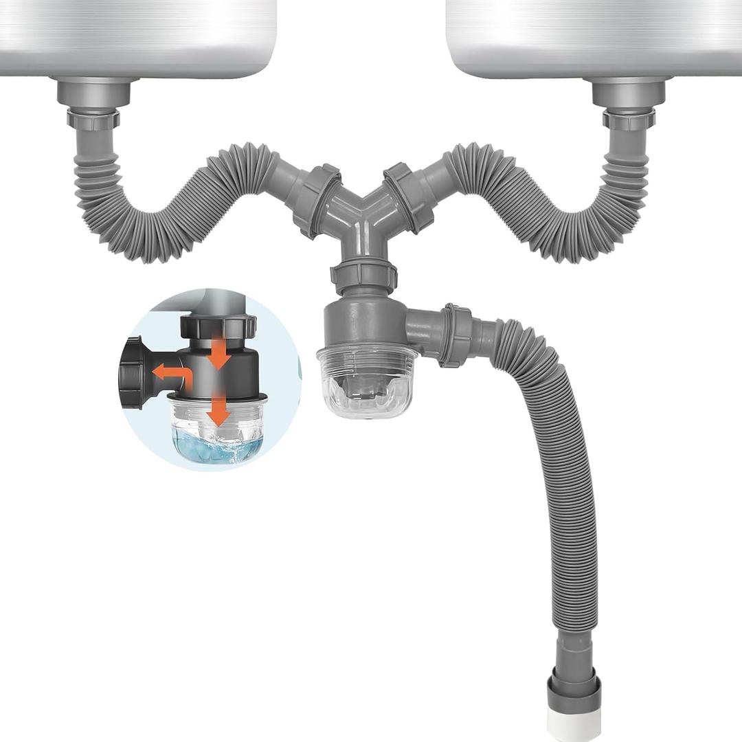 Double Sink Drain Kit Expandable Flexible 1 1/2 Inch P-Trap with Visible Removable Easy-Clean Water Seal Anti-Odor Cup for Bathroom, Kitchen Sink Drain Pipe Kit