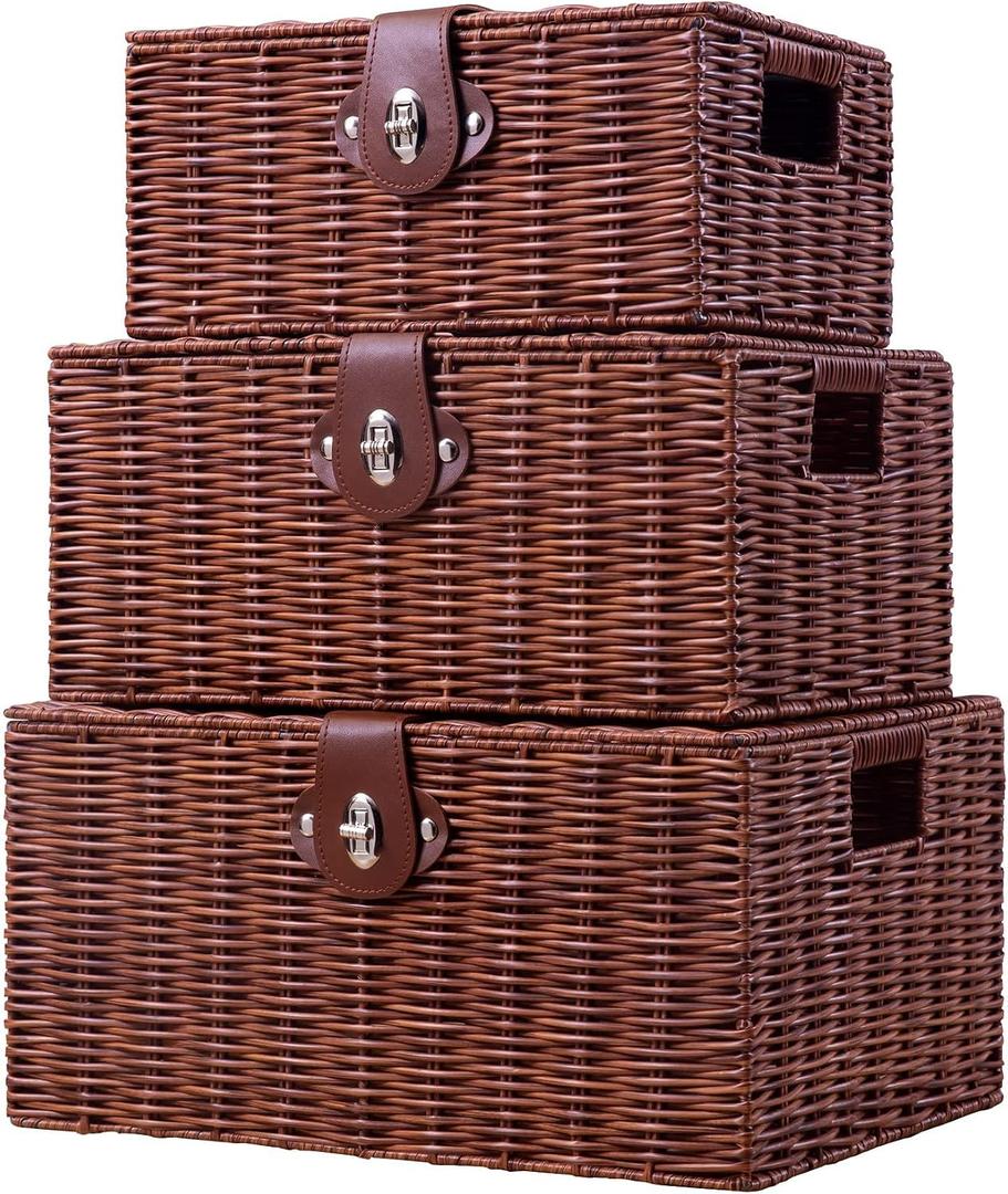 Set of 3 Woven Wicker Storage Basket Box with Lids & Lock, Built-in Carry Handles, Multifunctional Storage Organizer for Nursery, Baby, Clothes, Toys, Books, Large/Medium/Small Size (Natural)