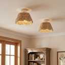 Handwoven Rattan Semi Flush Mount, Farmhouse Ceiling Light with White Metal Ceiling Mount, Natural Wicker Basket Ceiling Lamp for Bedroom, Kitchen, Boho Home Decor (12.2" D x 6.7" H), 18 Inch