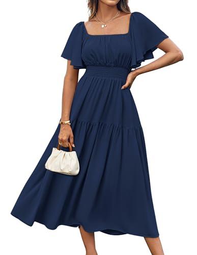 GRACE KARIN Women's Summer Ruffle Sleeve Smocked Dress Square Neck Flowy Tiered Midi Dresses Navy S