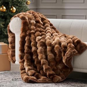 EverGrace Ultra Soft Luxury Fluffy Faux Rabbit Fur Throw Blanket, Thick Warm Bubble Throw for Bed, Cozy Plush Reversible Blankets for Couch, Chair, Sofa, Lion Caramel, 50x60 Inches (Marble Caramel Brown)