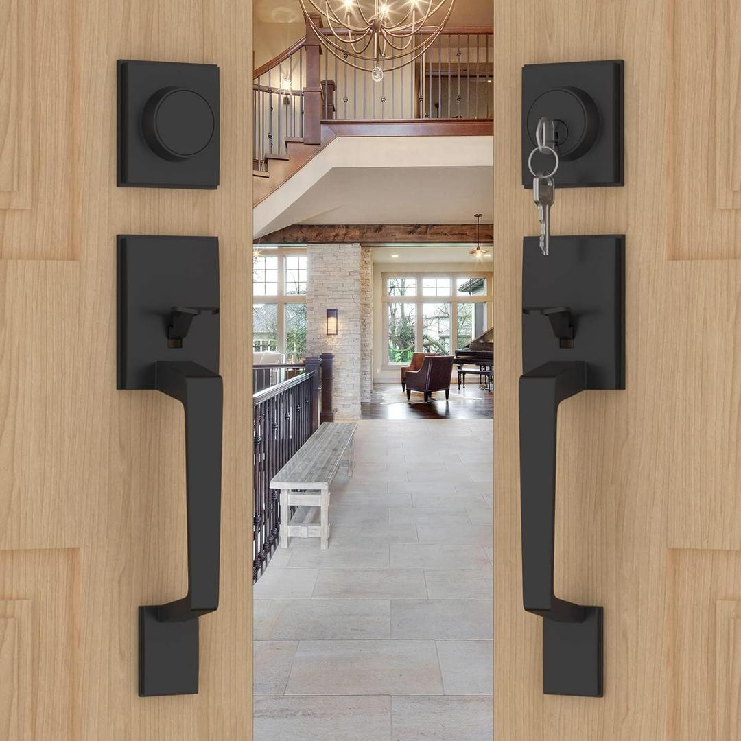 Goldenwarm Double Front Door Lock Set, Black Double Door Handle Set, Matte Black Double Door Handle with Dummy, Modern Double Front Door Hardware Set with Reversible Handle Lever