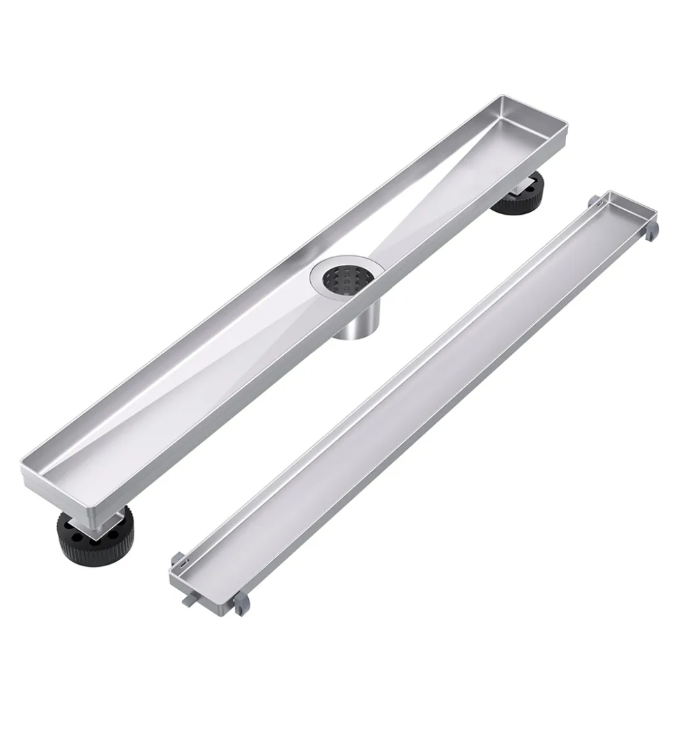 EXF Linear Shower Drain 24 Inch Tile Insert, Brushed Stainless Steel Rectangle Shower Floor Drain Cover with Hair Catcher, Adjustable Feet