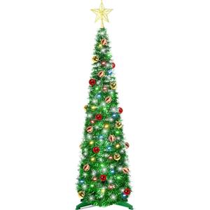 5 Ft Tinsel Christmas Tree with Timer 4 Modes 60 Warm White & Multi Color Change Lights 25 Ball Ornaments 3D Star Battery Operated Pop Up Artificial Tree Xmas Decoration Home Decor (Green)