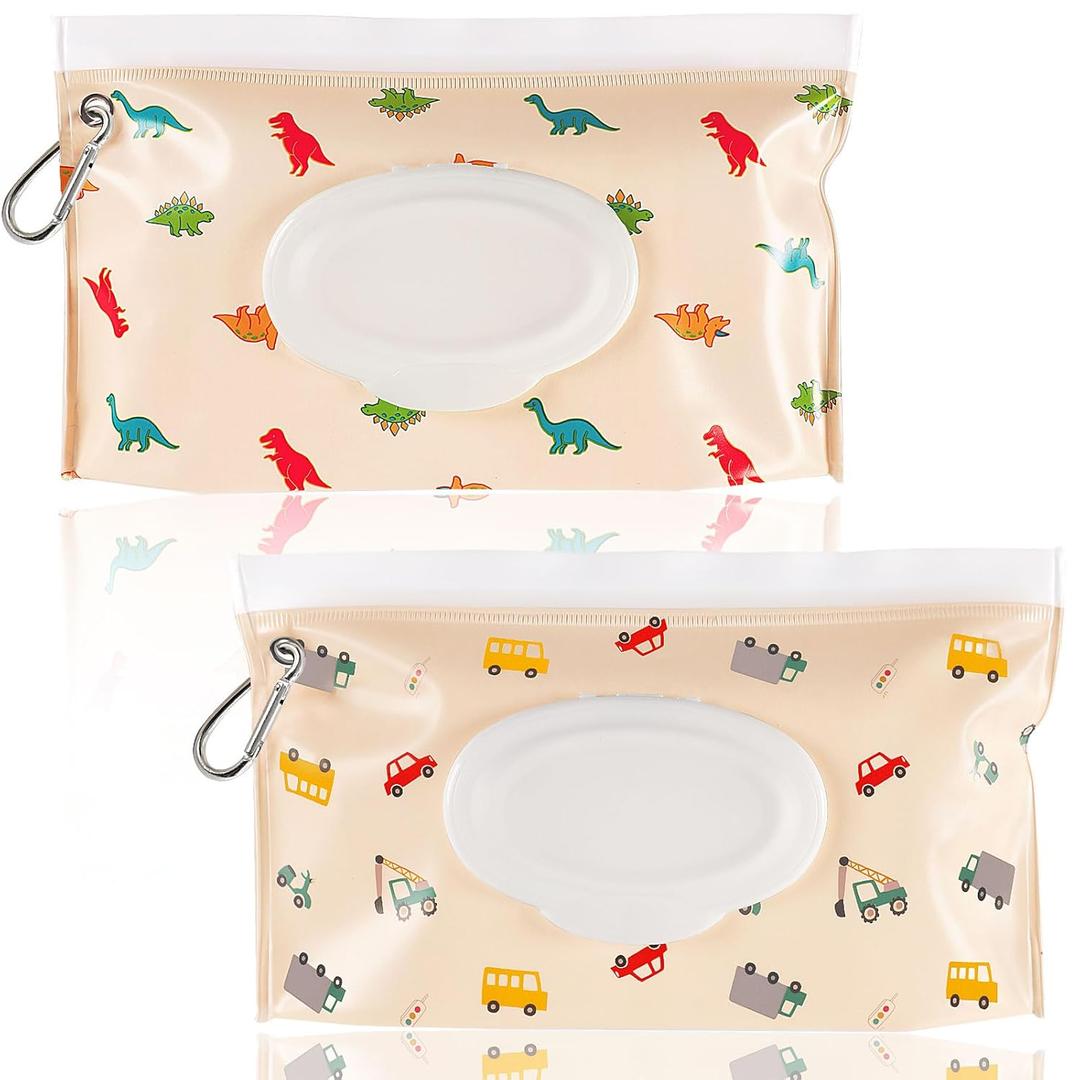 FEBSNOW 2 Pack Baby Wipes Dispenser, Portable Refillable Wipe Holder Baby Wipes Container Travel Wipes Case Reusable Wet Wipes Pouch (Dinosaur, Car) (Beige)