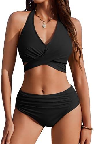 AI'MAGE Womens High Waisted Bikini Sets Tummy Control Bathing Suits Halter Two Piece Swimsuit Modest Bikini 2025, S