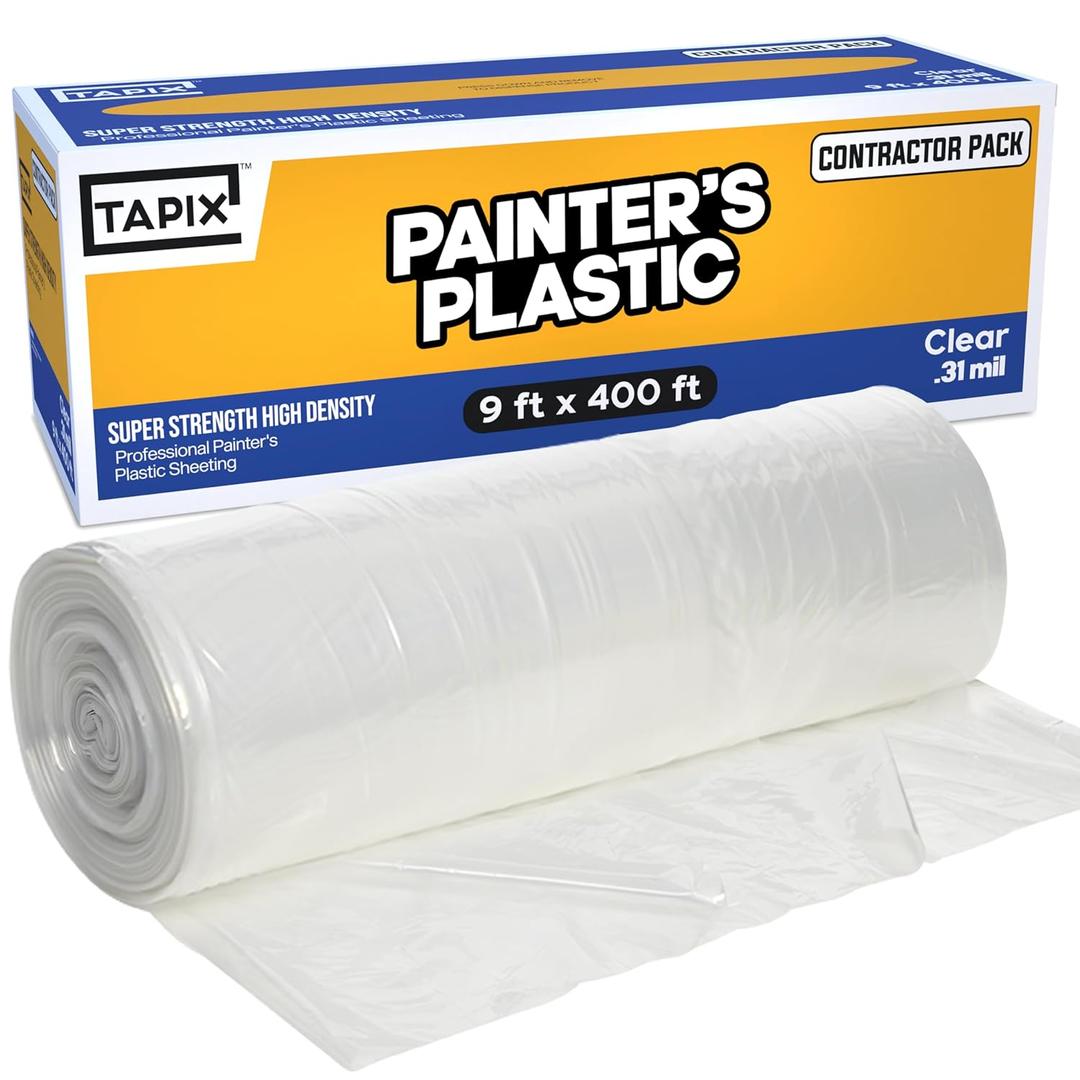 Painter's Plastic Film, 400' Length x 9' Width High, High Density Painters Plastic Sheeting Roll in Box with Dispense Hole for Easy Paint Plastic Covering