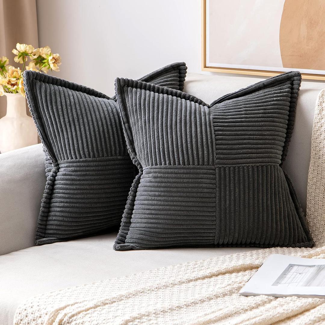 MIULEE Dark Grey Corduroy Pillow Covers 16x16 Inch with Splicing Set of 2 Soft Boho Striped Pillow Covers Broadside Decorative Textured Pillowcases for Couch Cushion Bed Livingroom