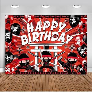 Mocsicka Ninja Birthday Backdrop - Red & Black Ninja Warrior Themed Party Supplies with Happy Birthday Banner (6x4ft)