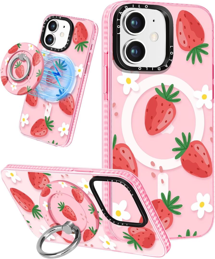 for iPhone 12 Case for Women Girls - Compatible with Magsafe Cute Design Magnetic Ring Holder Stand Strawberry Flower Fashion Pattern TPU Phone Covers for iPhone 12 Phone Case