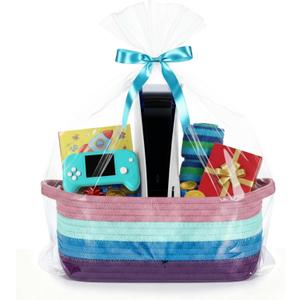 Leinuosen Easter Gift Basket with Bag and Ribbon Video Game Party Supplies Small Woven Empty Gift Basket for Gamers Birthday Party Decorations Favors Storage Bin Wedding