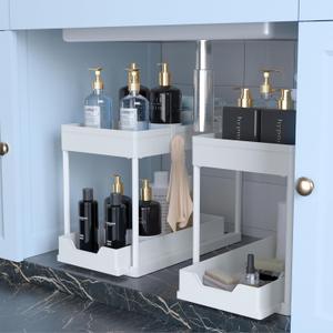 Under Sink Organizer -2 PACK|Pull Out Bathroom Organizer|2 Tier Slide Out Bathroom/Kitchen Organiers and Storage. (2 PACK White)
