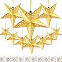 10 Pcs Christmas Paper Star Lantern Lampshade 3D Paper Star Hanging Decoration Light Lanterns with 20 LED Party Light for Xmas Independence Day Home Decor(Gold)