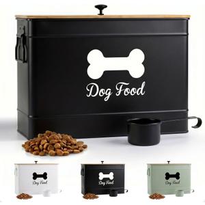 Dog Food Container Airtight 15-20 lb (70 Cup) Capacity with Metal Scoop - Cute Airtight Dog Food Storage Container with Bamboo Lid - Black Metal Kibble Storage Bin for Dogs up to 100 lbs - Big Pet Jar