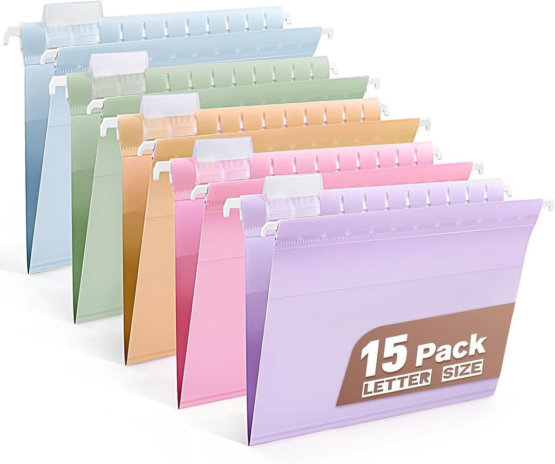 Plastic Hanging File Folders Letter Size, Colored Hanging File Folders with Tabs, Durable Waterproof Plastic Hanging Folders for Filing Cabinets, Office, School & Home Organization (15, Pastel)