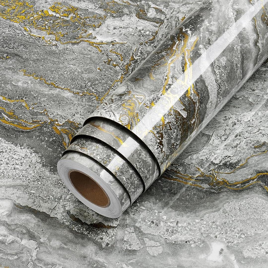 LACHEERY 160"x36" Grey and Gold Marble Contact Paper Peel and Stick Kitchen Bathroom Marble Countertop Contact Paper Waterproof Removable Wallpaper Marble Vinyl Wrap for Countertops Desk Counter Top