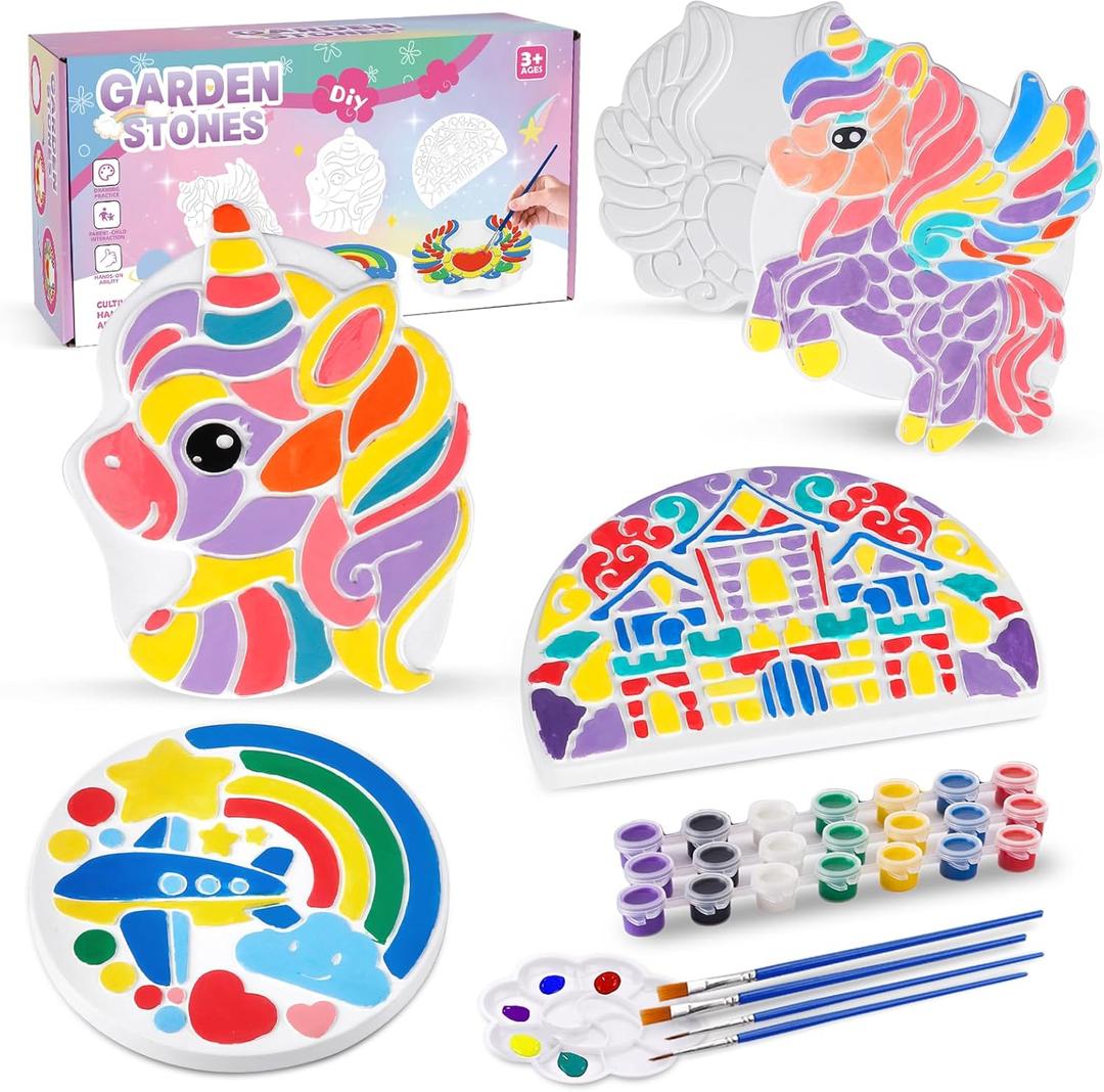 IFLOVE Paint Your Own Stepping Stones for Kids Craft Kits,Arts and Crafts for Kids Ages 4-8,5 Pack Painting Crafts for Girls Ages 8-12Outdoor Toys Art Supplies Toddler Birthday Gift (Unicorn)