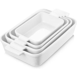 Jassceram Casserole Dishes for Oven, 4-Piece Porcelain Baking Dish, Rectangular Ceramic Bakeware Sets with Handles, Deep Lasagna Pan for Baking, 9.6" to 15.2", Nesting Design, Oven Safe, White