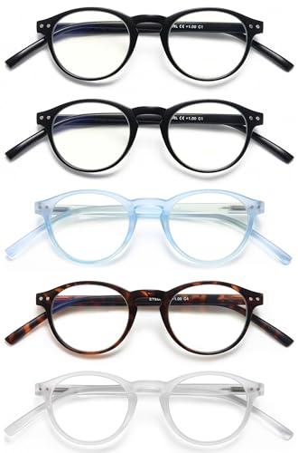 EYEURL 5-Pack Small Round Reading Glasses for Women Men Blue Light Blocking Eyeglasses Round Computer Glasses With Spring Hinges TR90 Lightweight Readers for Women,1.0