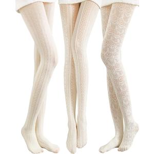 JaGely 1/2/3 Pair White Lace Tights for Women White Fishnet Hollow out Knitted Tights Lolita Stockings Lace Strips Pantyhose (One Size, Classic Style)