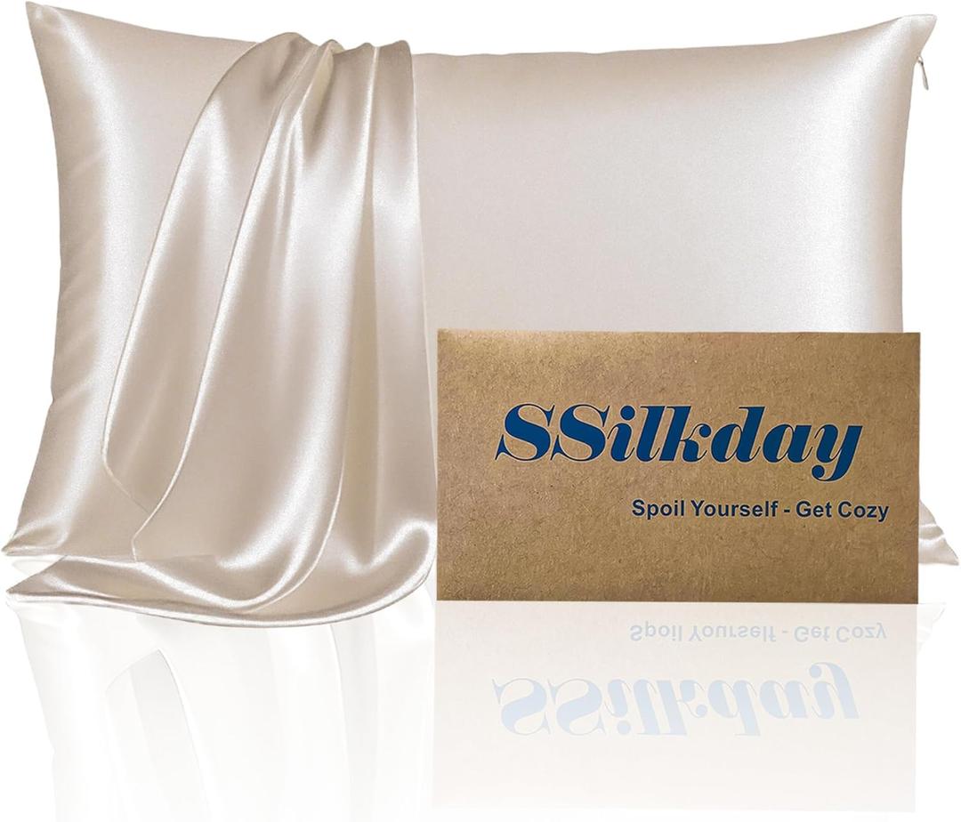 Mulberry Silk Pillow Cases with Zipper, Ultra Smooth Soft Breathable Cooling Pillow Cases for Hot Sleepers, Silk Satin Pillowcase for Hair and Skin, Gifts for Women (Beige, Standard Size, 1 Pack) (Standard - 2026 Inch)