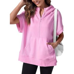 Fisoew Womens Oversized Half Zip Hoodies Short Sleeve Casual Sweatshirts Pullover Tops with Pockets, XL