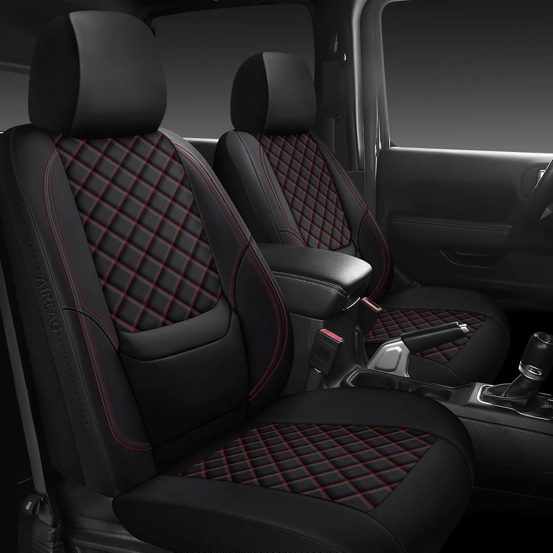 Wrangler Seat Covers 2007-2026 Full Set, Waterproof Leather Interior Sets with Lumbar Support Custom Fit for Jeep Wrangler JK JL 4 Door Unlimited Sahara/Sport/Rubicon X 392 Willys, Black Red