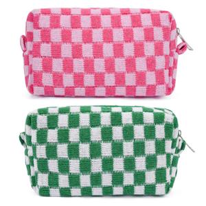 2 Pieces Makeup Bag Pouch Checkered Cosmetic Bag Pink Green, Travel Toiletry Bag Organizer Cute Makeup Brushes Storage Bag for Women (Green & Rose red)