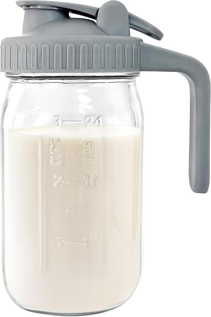 Breast Milk Pitcher Jug - 32 oz Glass Mason Jar Airtight Pitcher with Pour Spout Handle for Breastmilk, Iced Tea, Ice Drinks Storage Container (Gray)