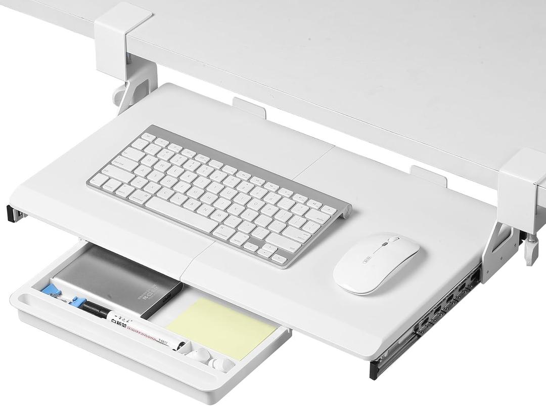 ETHU Keyboard Tray Under Desk, 19.7" X 12.2" Small Size C Clamp Keyboard Drawer Under Desk, Computer Keyboard Stand Slide Pull Out, Ergonomic Keyboard Tray for Home, Office(White), 26.77" X 11.81"