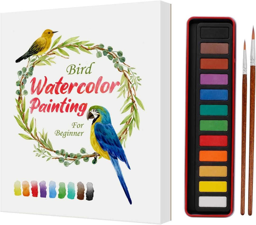 Watercolor Workbook, Water Coloring Book, Beginner Friendly Water Painting Book, Watercolor Sketchbook Paint Book with 12-Color Paint Set & Brush for Adults and Teens(Birds)