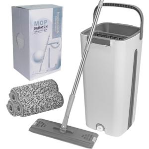 Mop and Bucket with Wringer Set, Flat Floor Mop and Bucket, with 3 Washable Microfiber Pads Included, Extended Stainless Steel Handle Mop, Home Floor Cleaning System for All Floor Types and Windows