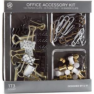 Office Accessory Kit, Office Supplies, Black and White with Gold, Push Pins, Paper and Binder Clips, 173 Count