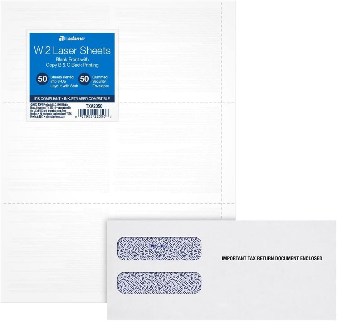 2 x Adams W2 Laser Tax Forms Kit 2023, Blank Forms w/Stubs and Self Seal Envelopes Included, B & C Copies, 3-Up, Peel and Seal, 50 Pack (TXA2350)