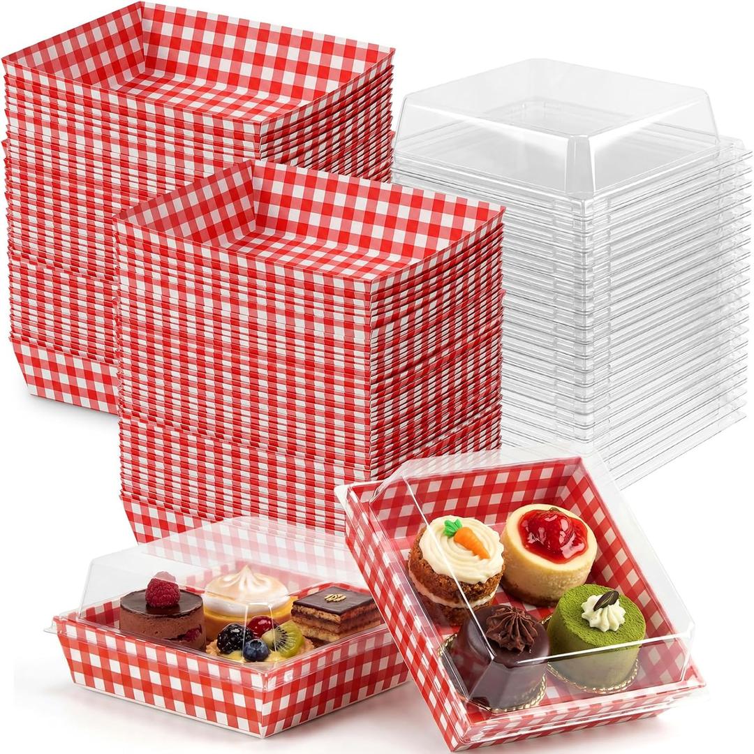 Potchen 50 Pack Red and White Checkered Charcuterie Boxes with Clear Lids, Red & White Buffalo Plaid Gift Boxes with Window for Pizza Party Decorations Wedding Bridal Baby Shower Picnic Buffet