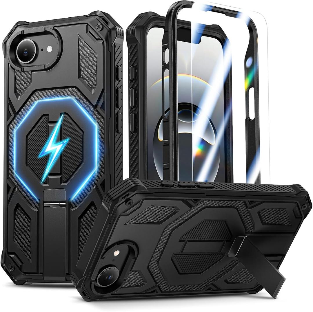 Magnetic for iPhone 17e Case/iPhone 16e Case with Screen Protector & Invisible Kickstand, [Compatible with MagSafe] 3-in-1 Full Body Military Grade Heavy Duty Phone Cover for iPhone 17 E/16 E, Black