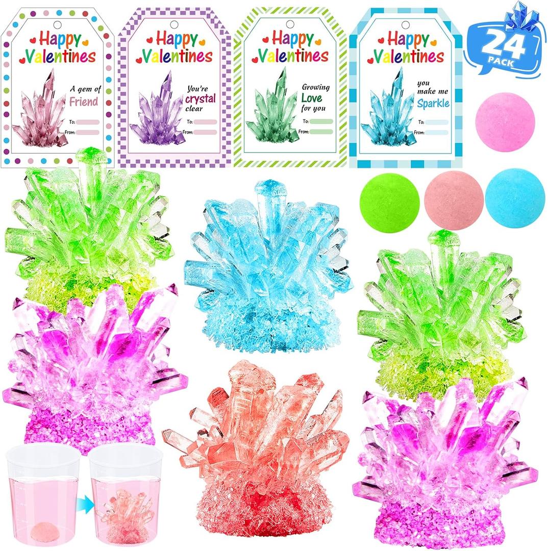 24 Pack Valentines Day Crystal Growing Science Kits for Kids, Classroom Exchange Gifts with Cards, School Valentines Day Activities (Blue)