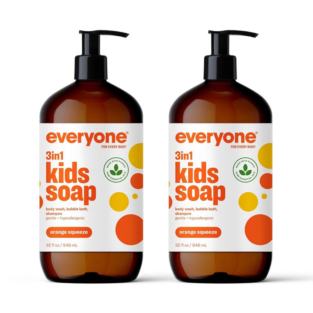 Everyone 3-in-1 Kids Soap, Body Wash, Bubble Bath, Shampoo, 32 Ounce (Pack of 2), Orange Squeeze, Coconut Cleanser with Organic Plant Extracts and Pure Essential Oils (Packaging May Vary)