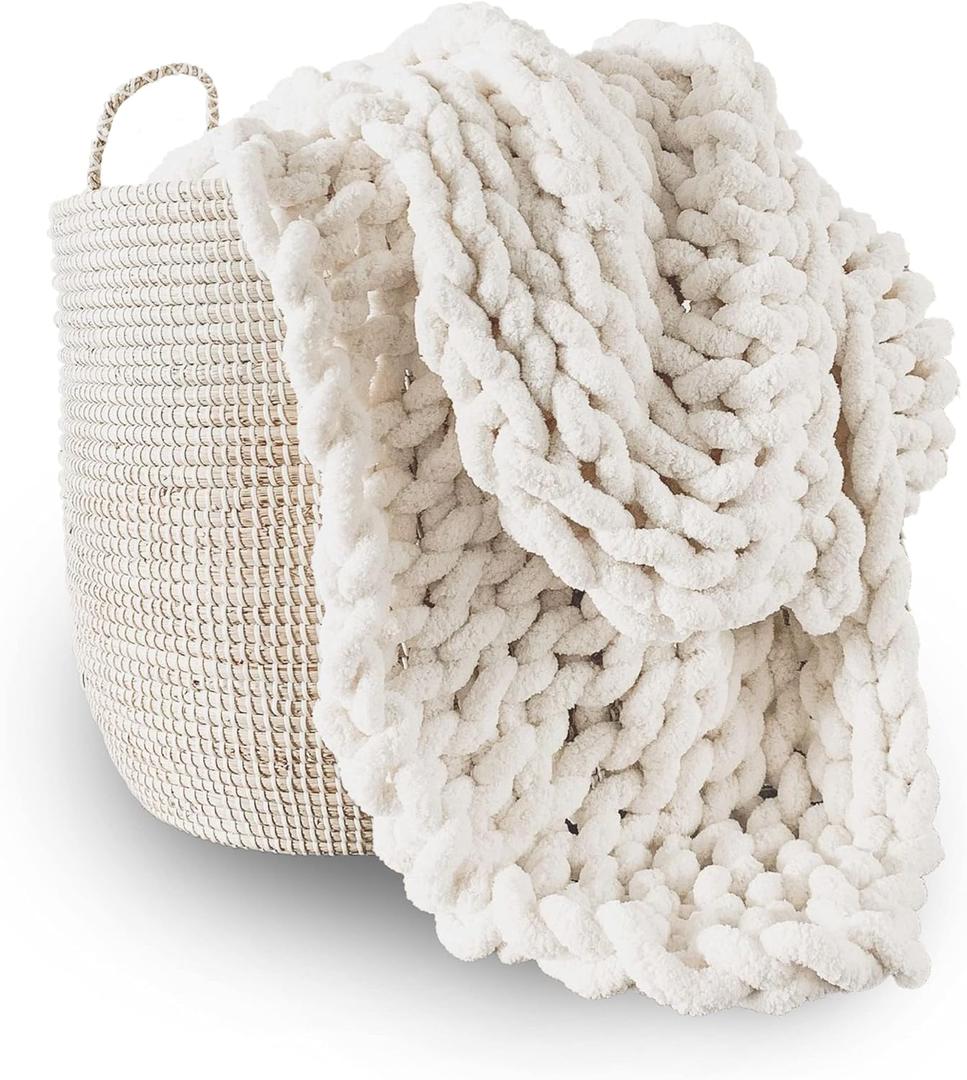 Adyrescia Chunky Knit Blanket Throw | 100% Hand Knit with Jumbo Chenille Yarn (50"x60", Cream White)