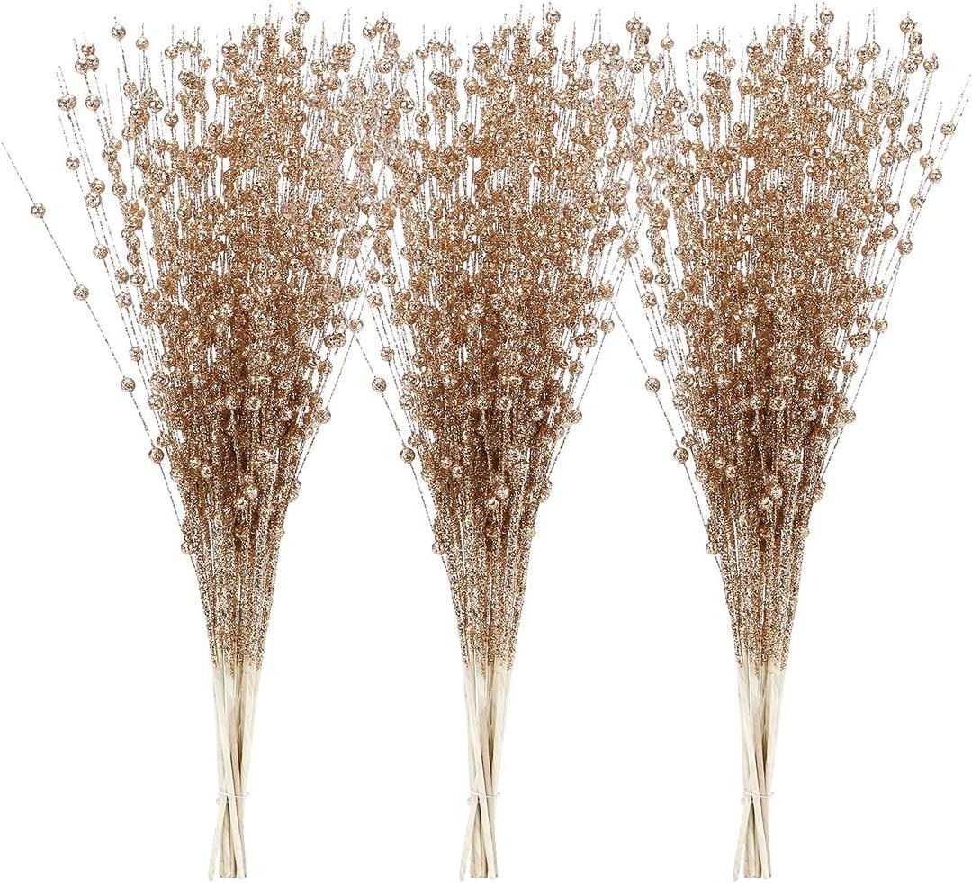 Sea Team 24-Pack Artificial Glitter Berry Stem Ornaments, Decorative Bead Sticks, Glittery Twigs, Picks, Branches for Christmas Tree, Small Vase, Holiday, Wedding, Party (17 Inches, Rose Gold)