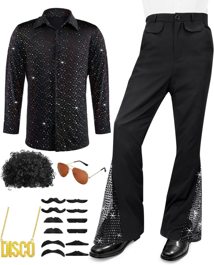 Mepase 70s Disco Boys Kids Outfit Costume Bell Bottom Pants Disco Shirts for Halloween Dress Up (11-12 Years, Black)