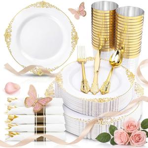 Nervure 350PCS Gold Plastic Plates - Gold Plastic Dinnerware Sets for 50 Guests - 100 Disposable Plates, 150 Silverware, 50 Cups, 50 Napkins for Wedding & Party & Mother's Day