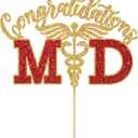 2 x Congratulations MD Cake Topper, Congrats Doctor Grad, Med School Survivor, Medical School Graduation Party Decorations, Gold and Red Glitter