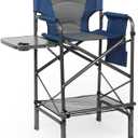 EVER ADVANCED Tall Folding Chair 30.7" Seat Height Directors Chair High Foldable Bar Stool for Makeup Artist Face Painting with Side Table Cup Holder and Storage Pocket Supports 350LBS (Blue/Grey)