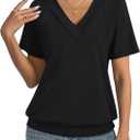TICTICMISS Womens Short Sleeve Tops Banded Bottom V Neck Summer T Shirt Casual Basic Tees Trendy Tops Summer Clothes (Black, XL)