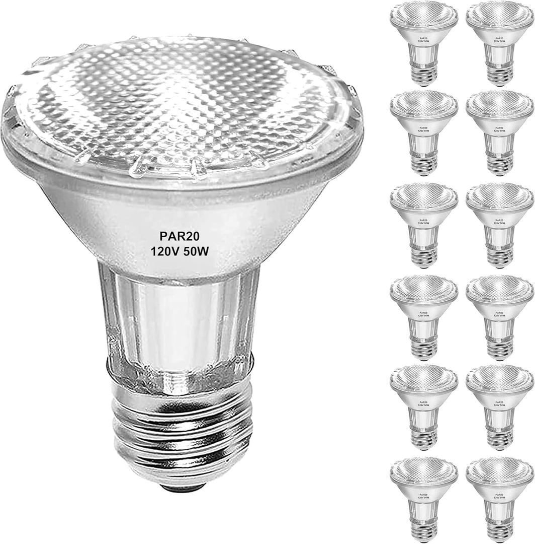 50W Par20 Halogen Flood Light Bulb 120V, 12 Pack Par20 Flood 50W 120V Halogen Bulb Warm White 2700K, Dimmable Reflector Par20/FL25 Bulb with E26 Base for Track Lighting, Recessed Can