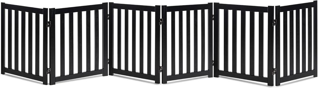 LZRS 6-Panel Extra-Wide Freestanding Wooden Dog Gate Indoor  24High Foldable Safety Pet Barrier for Doorways, Hallways, Kitchens, and Long Staircases, Durable Design fit Small to Medium Dogs, Black