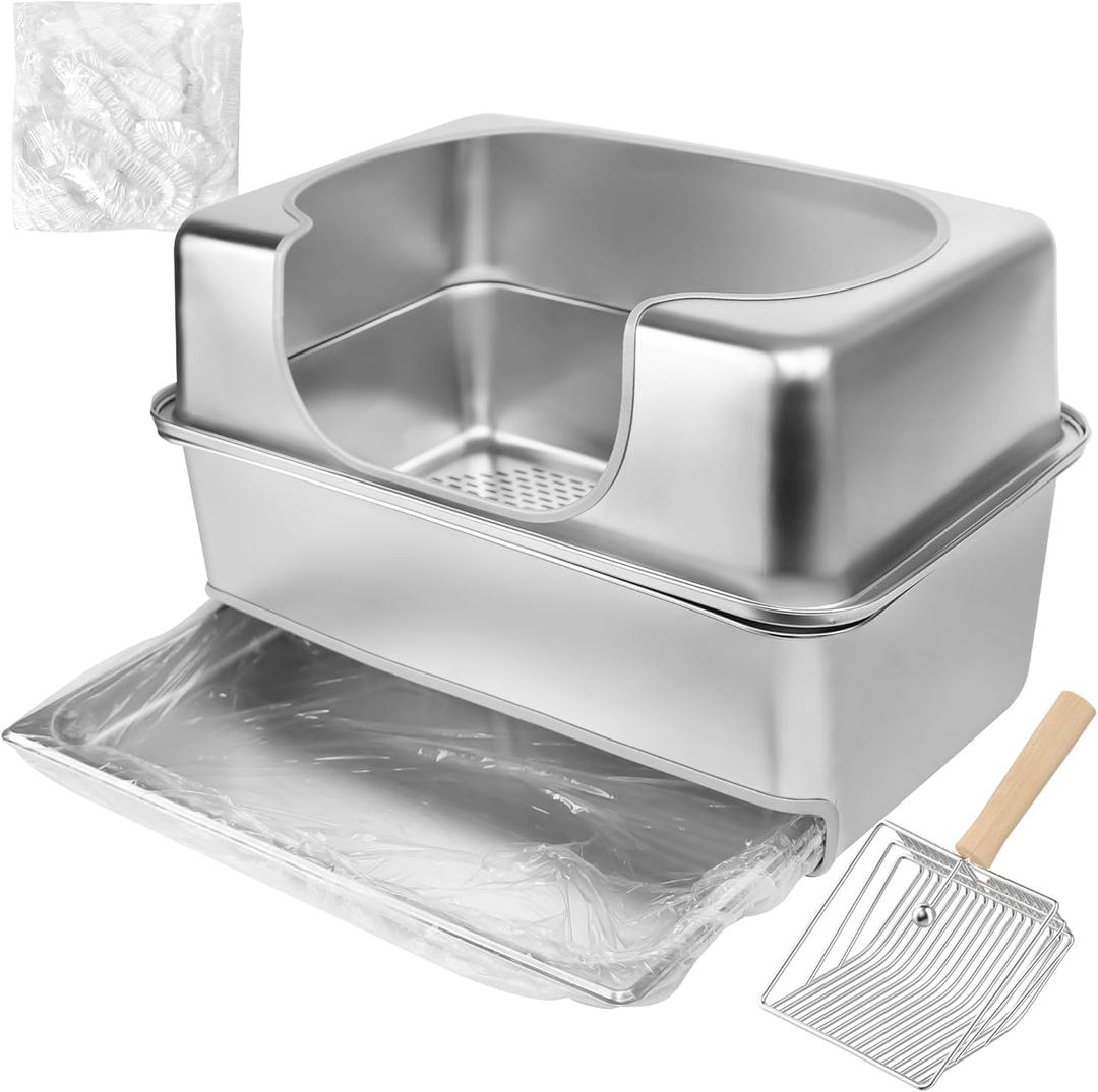 Stainless Steel Sifting Litter Box with Lid for Pine Pellets,Extra Large XL Pellet Litter Box Sifter with Removable Drawer Pan for Big Cats,Metal Litter Sifting Pan 23.5" x 15.7" x 8"