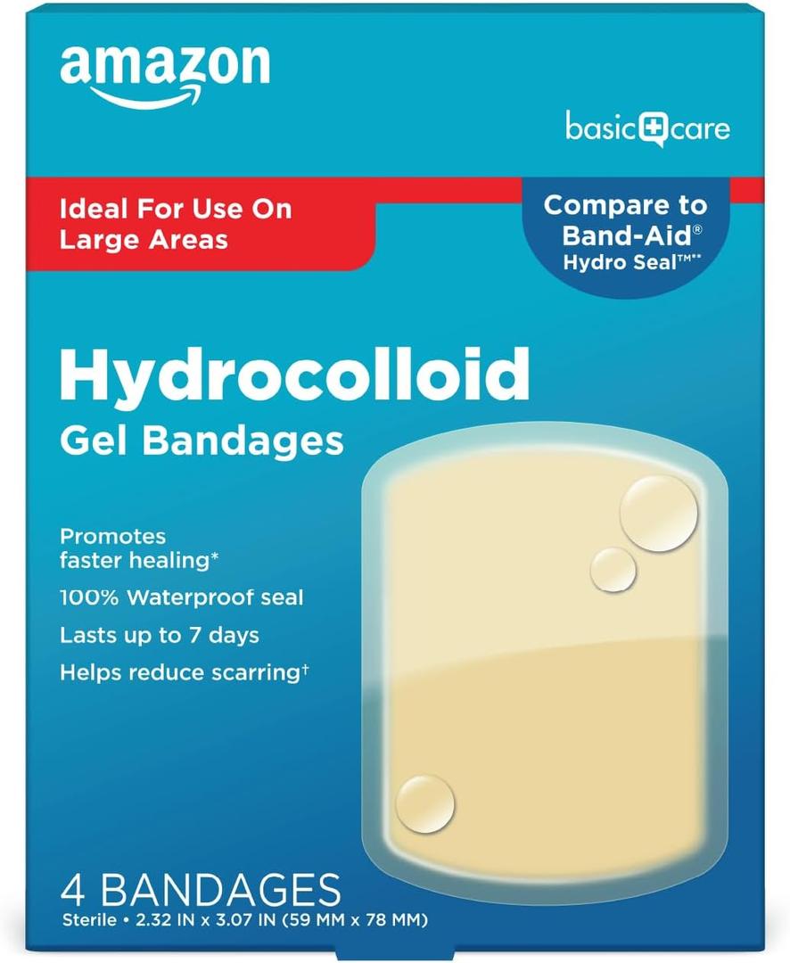 Amazon Basic Care Advanced Fast Healing Hydrocolloid Gel Bandages, Large Wound Dressing, 4 ct Amazon Basic Care Advanced Fast Healing Hydrocolloid Gel Bandages, Large Wound Dressing, 4 ct