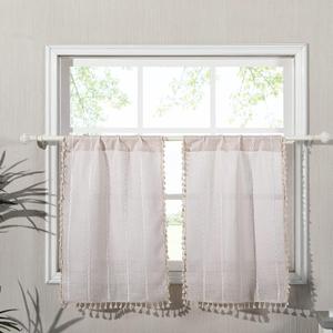 RoomTalks Boho Kitchen Curtains 36 Inch Length French Striped Farmhouse Vintage Chic Textured Tassel Short Cafe Curtains for Small Window Kitchen Bathroom Bohemian Decor (36L x 24W, Beige)